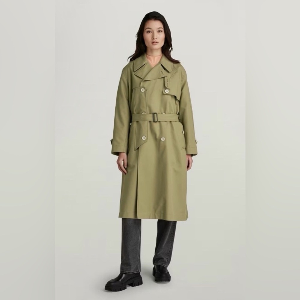 G-Star RAW High Trench Coat Women’s XL Fresh Army Green Double Breasted Belted
